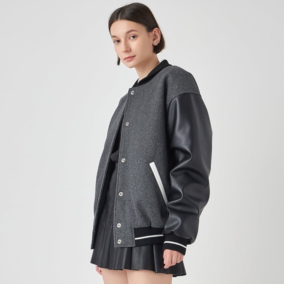 New ENGLISH FACTORY Mixed Media Baseball Collar Bomber Jacket Black - Picture 5 of 11